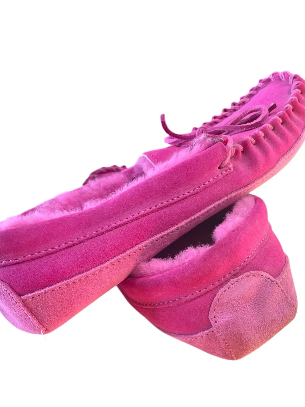 L.L. Bean PINK! Kids Size 6 Suede Leather Moccasin Slippers Soft Fleece Lining